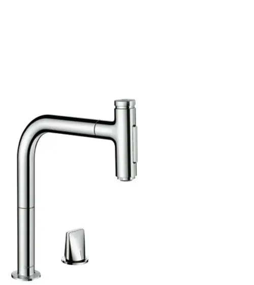 Hansgrohe Auszieharmatur in chrom, mit einem flexiblen Auslauf und Steuerungsknopf, montiert auf einer horizontalen Basis.